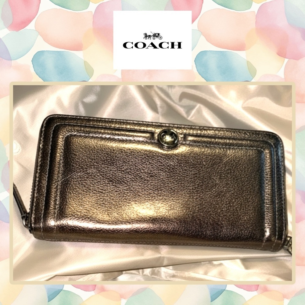 Coach Metallic Pewter Leather Zip Wallet